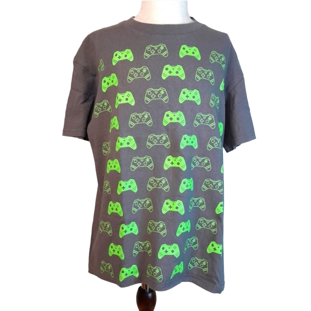 Hybrid Boys Gray Shirt Neon Green Video Game Controllers - Size M 10/12